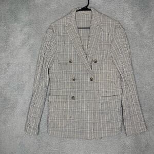 Zara womens black white plaid double breasted blazer coat lightweight career S